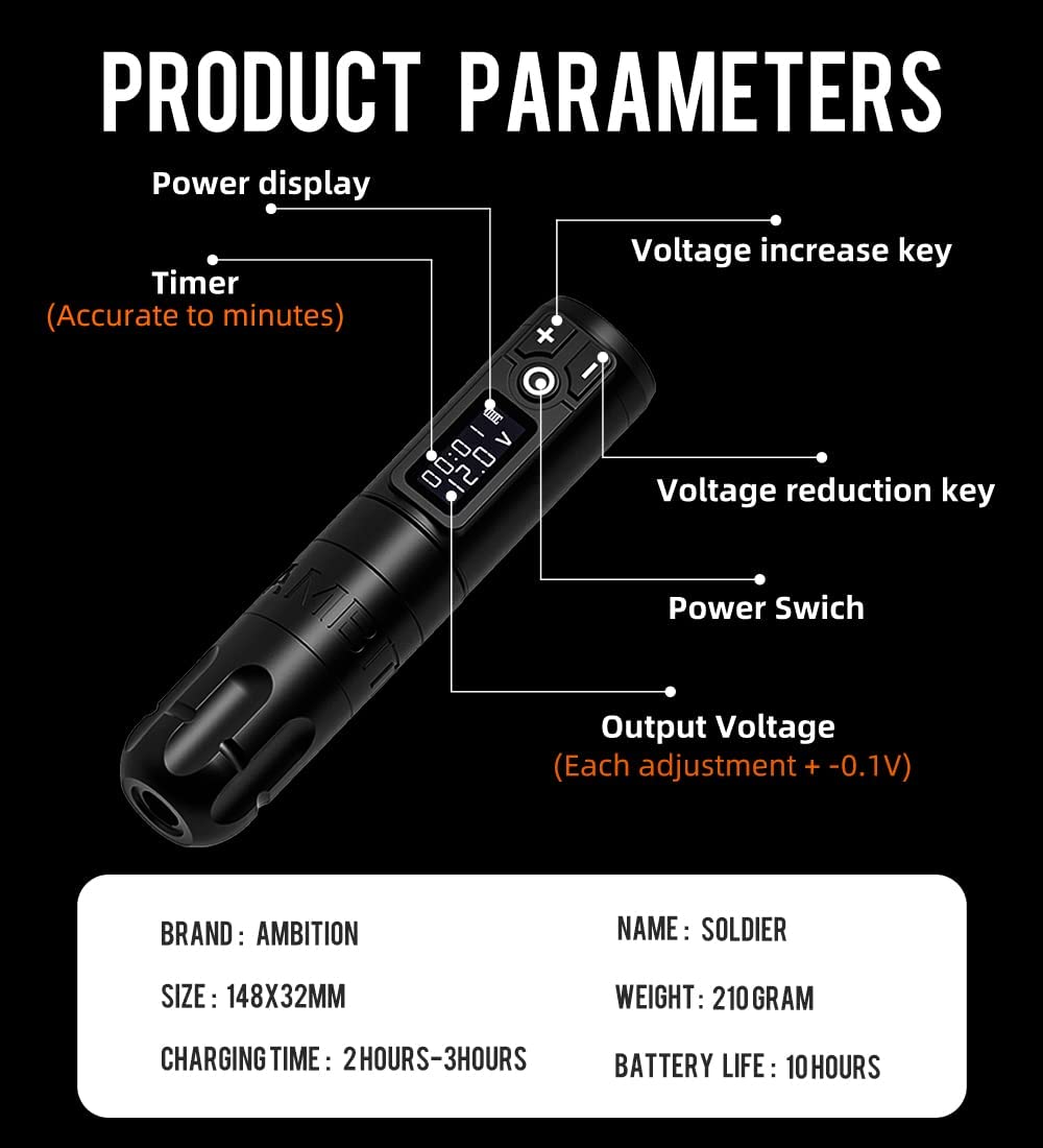 Ambition Soldier Red Wireless Tattoo Pen Machine Kit