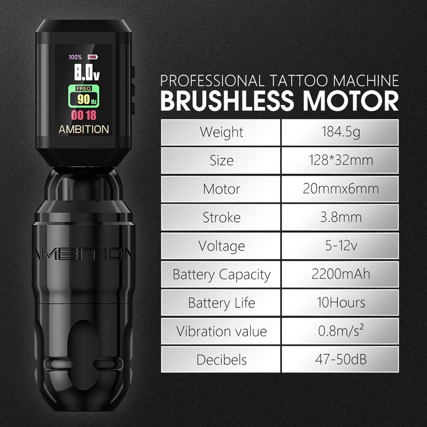 Ambition Lutin Black Wireless Rotary Tattoo Pen Machine with Korall