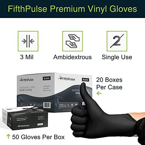 FifthPulse X-Large Black Vinyl Disposable Gloves, Latex-Free 3 mil Thickness - 50 pcs