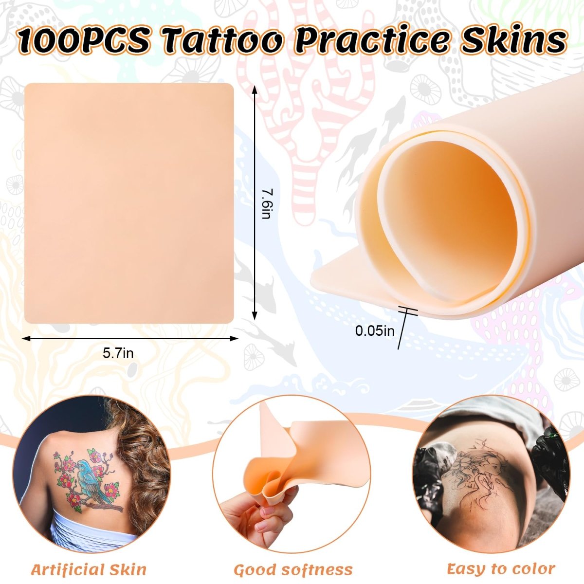 Sosation 7.6"x5.7" Blank Tattoo Practice Skin Double Sided Silicone - 100pcs