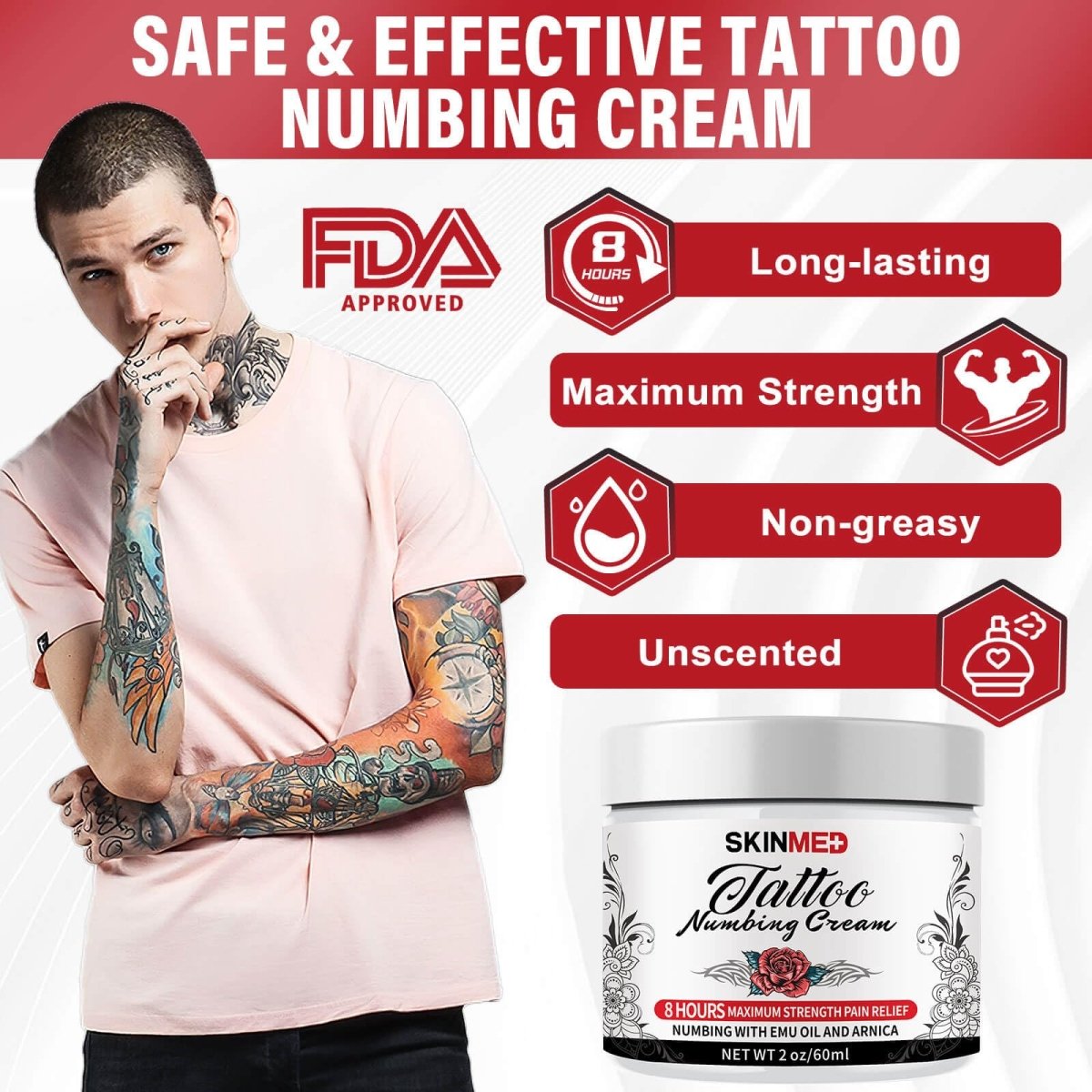 Skinmed 8-Hour Tattoo Numbing Cream Extra Strength - Painless, 60ml/2.0oz