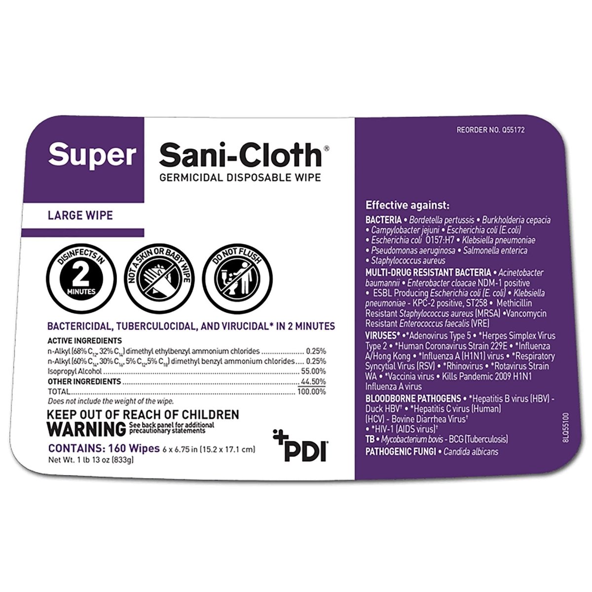 PDI Super Sani-Cloth Germicidal Disposable Wipe, White, 6 X 6-3/4", 160 Count