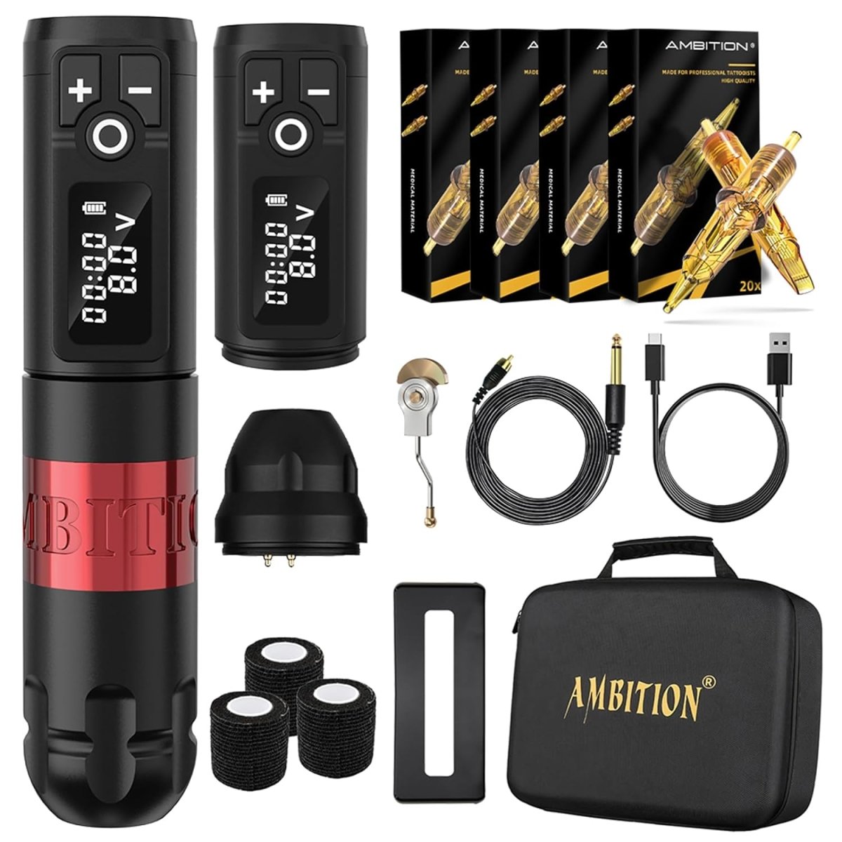 Ambition Soldier Red Wireless Tattoo Pen Machine Kit