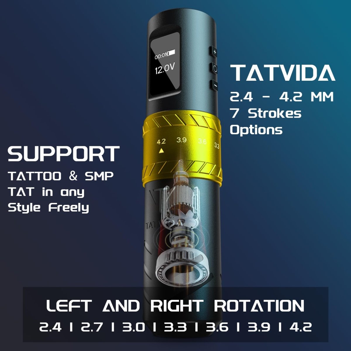 Tatvida Black Gold Wireless Tattoo Pen Machine, 2400mAh with 7 Stroke