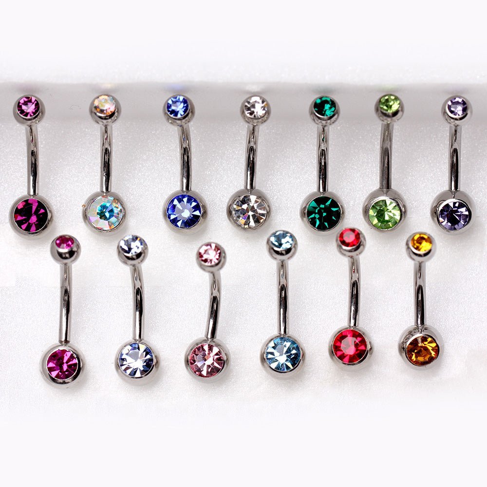 Steel Navel Ring with Gemmed Balls - 14GA