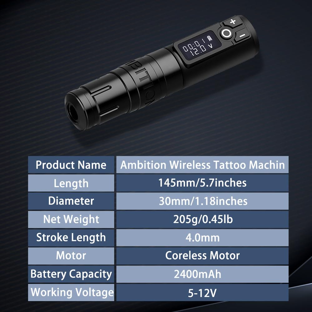 Ambition Storm Wand Black Wireless Tattoo Pen Machine with 2400mAh Battery Power - Tattoo Unleashed