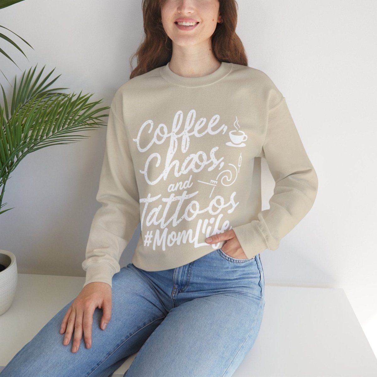 Coffee, Chaos, and Tattoos – #MomLife Unisex Crewneck Sweatshirt - Tattoo Unleashed