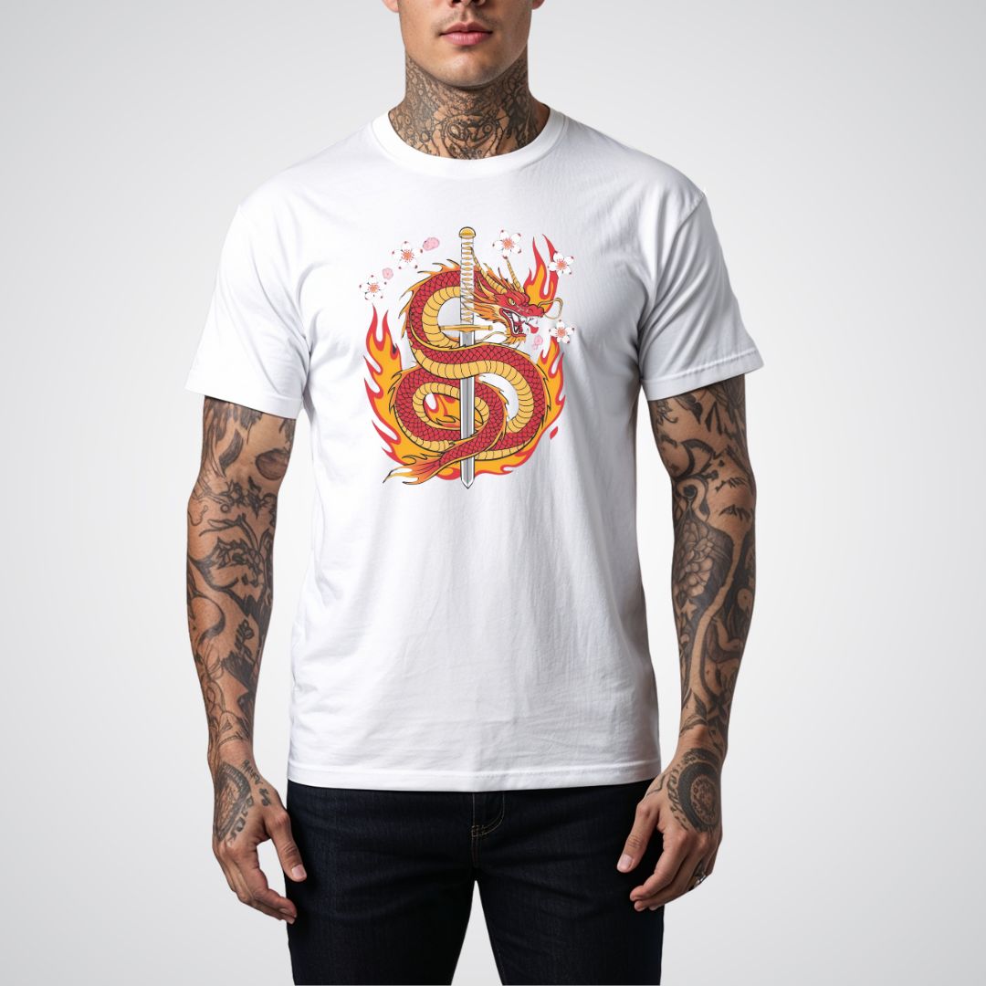 Dragon with Samurai Sword Neo - Traditional Tattoo Unisex T-Shirt - Tattoo Unleashed