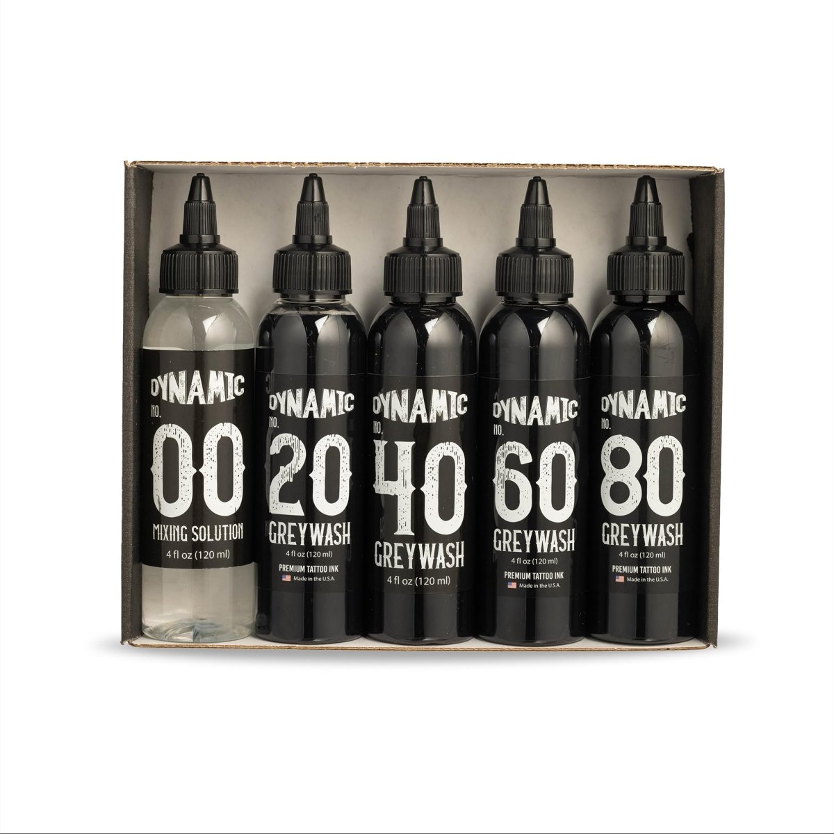 Dynamic Color Co. Greywash Tattoo Ink Set - 5 Sterile Vegan Bottles (4 oz) with 4 Shades + Mixing Solution - Tattoo Unleashed