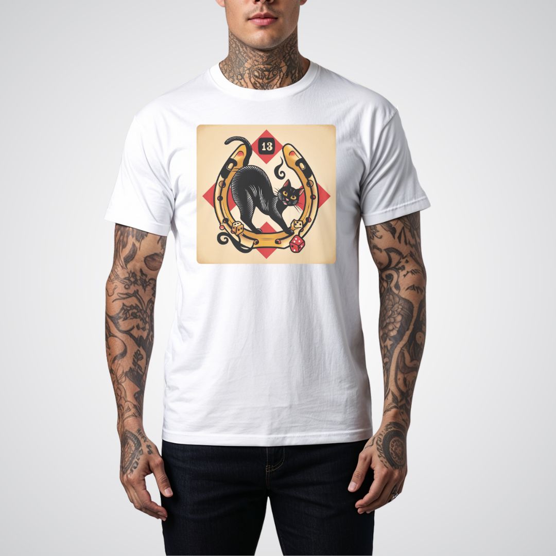 Lucky 13 Black Cat Traditional Tattoo Unisex Softstyle T-Shirt - Tattoo Unleashed