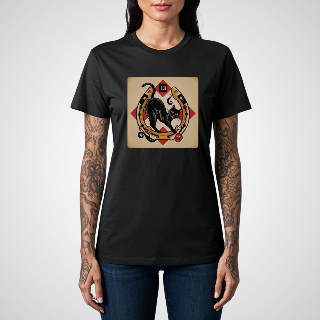 Lucky 13 Black Cat Traditional Tattoo Unisex Softstyle T-Shirt - Tattoo Unleashed