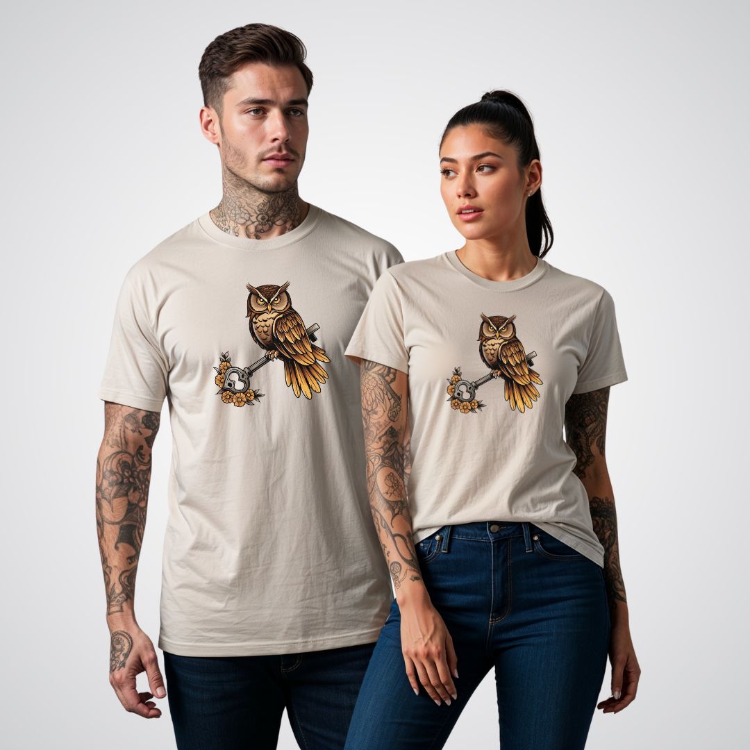 Owl with Key Neo - Traditional Tattoo Unisex T-Shirt - Tattoo Unleashed