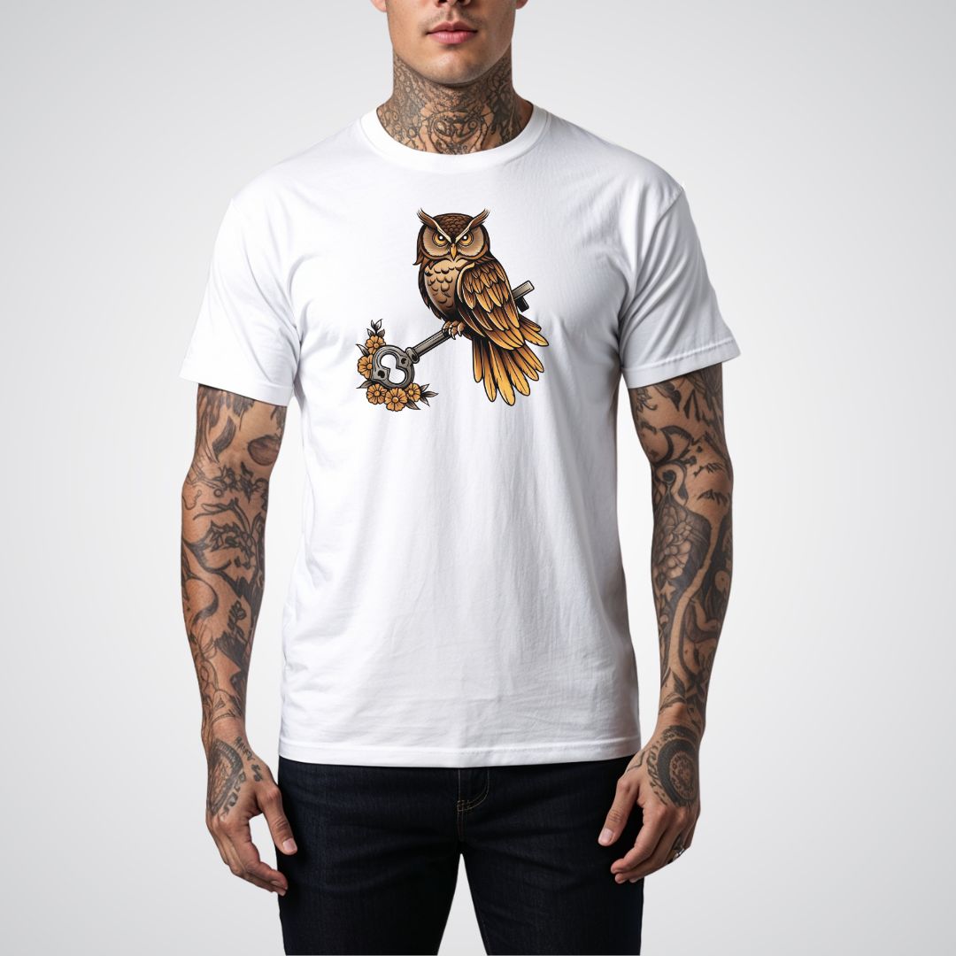 Owl with Key Neo - Traditional Tattoo Unisex T-Shirt - Tattoo Unleashed