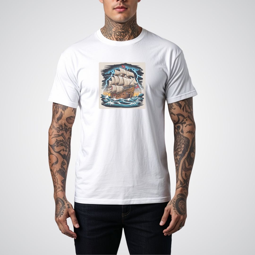 Pirate Ship with Stormy Seas Tattoo Unisex T-Shirt - Tattoo Unleashed