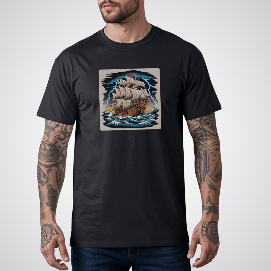 Pirate Ship with Stormy Seas Tattoo Unisex T-Shirt - Tattoo Unleashed