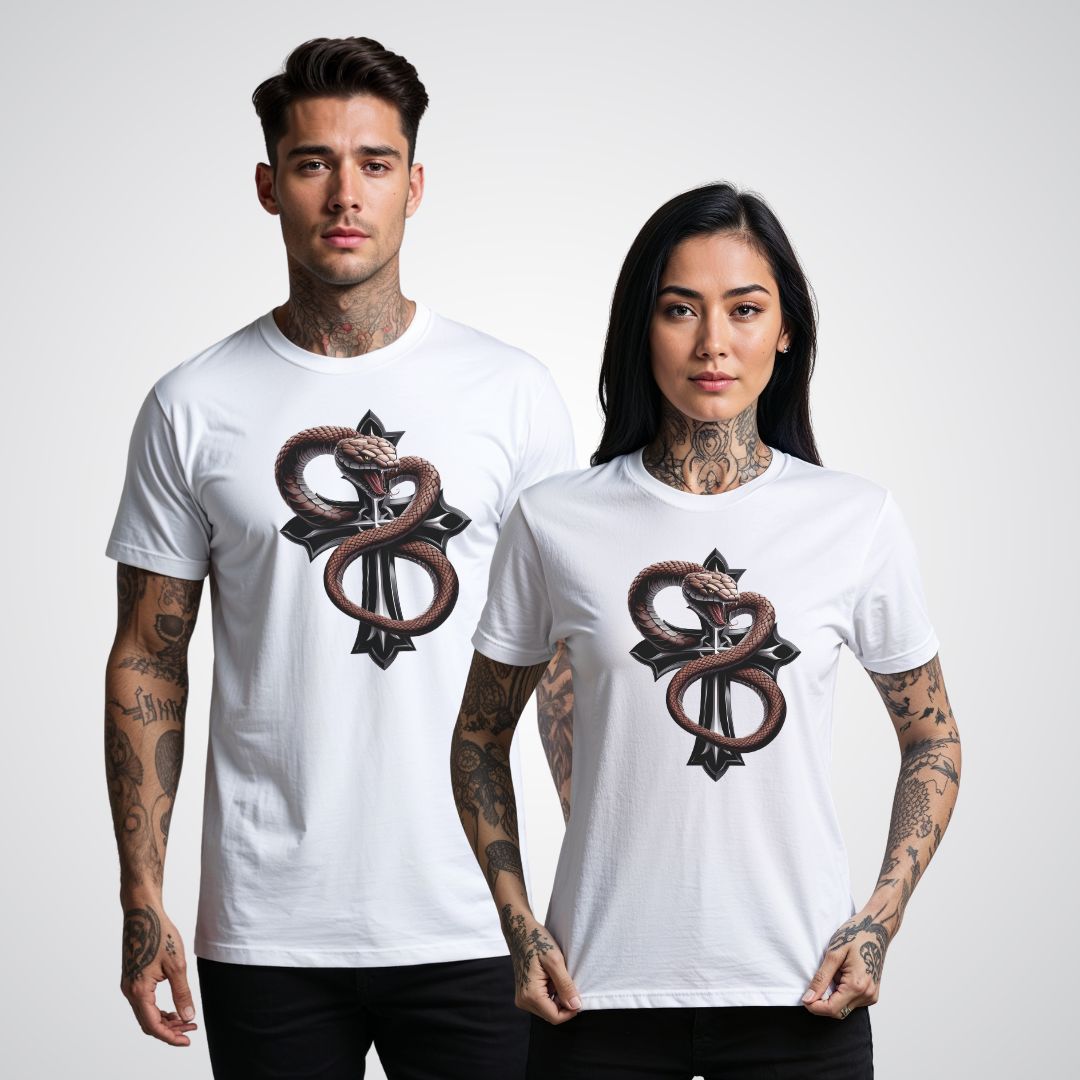 Serpent Wrapped Cross Realism Tattoo Unisex T-Shirt - Tattoo Unleashed