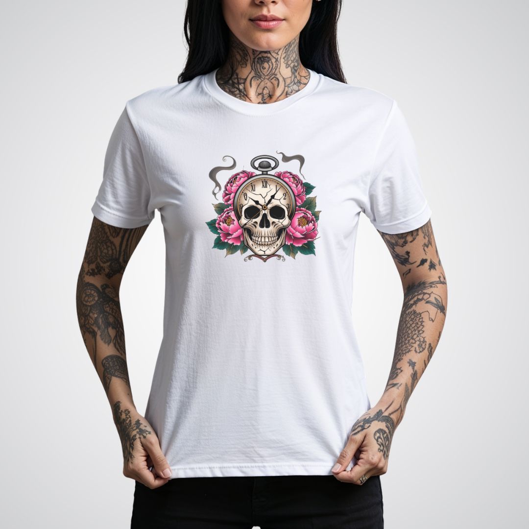 Skull with Clock and Flowers Neo - Traditional Tattoo Unisex T-Shirt - Tattoo Unleashed