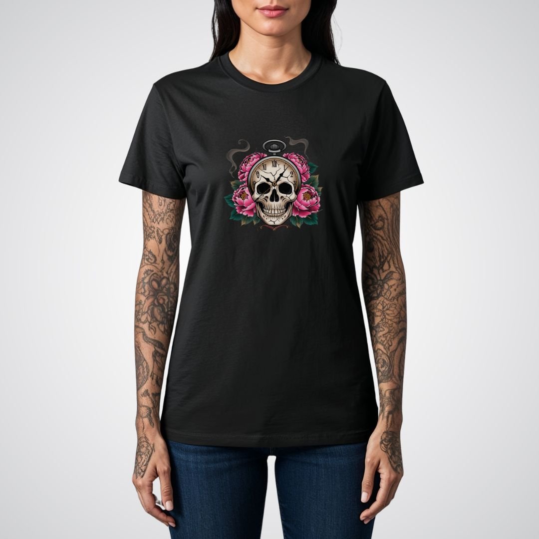 Skull with Clock and Flowers Neo - Traditional Tattoo Unisex T-Shirt - Tattoo Unleashed