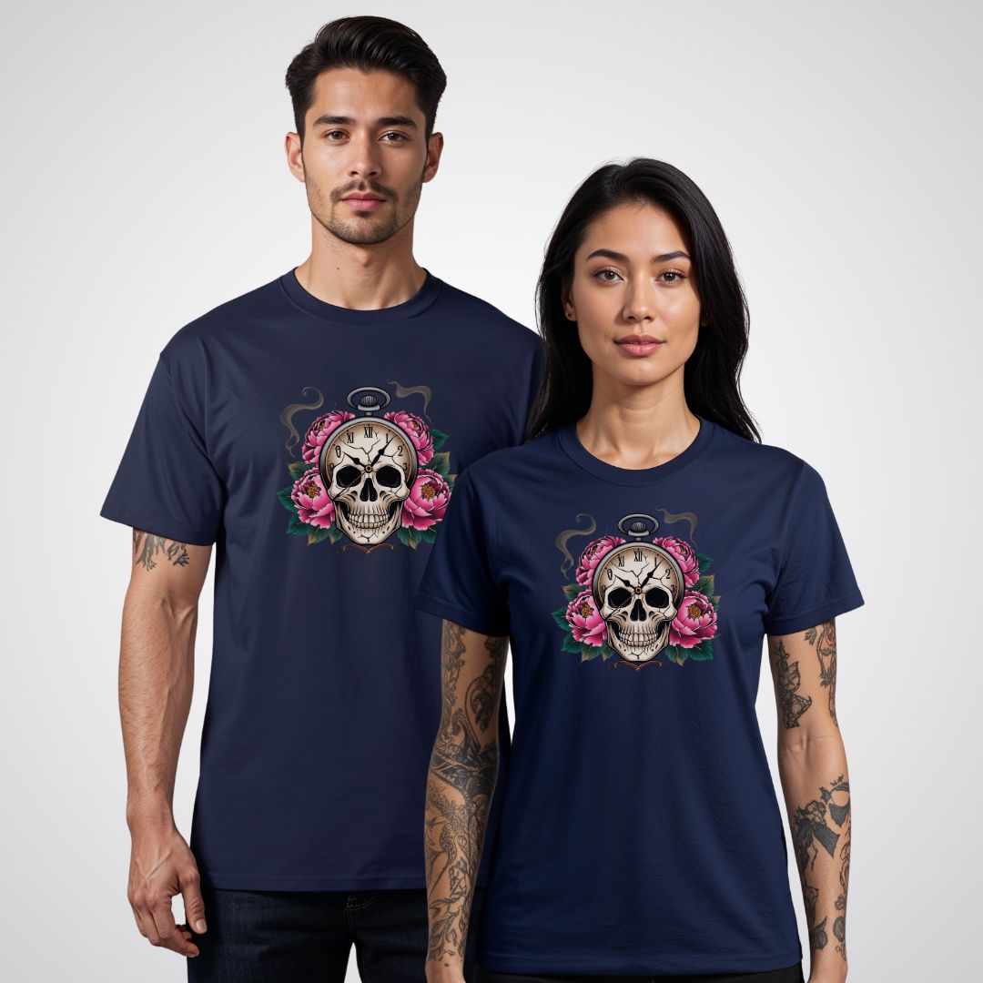 Skull with Clock and Flowers Neo - Traditional Tattoo Unisex T-Shirt - Tattoo Unleashed