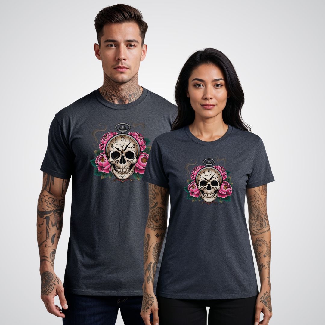 Skull with Clock and Flowers Neo - Traditional Tattoo Unisex T-Shirt - Tattoo Unleashed