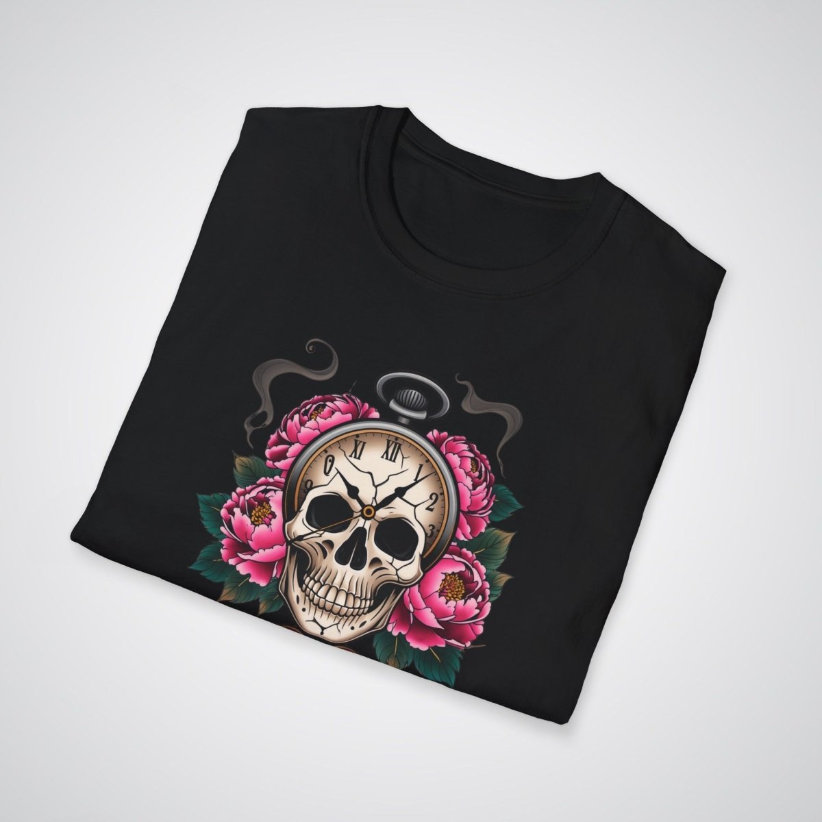 Skull with Clock and Flowers Neo - Traditional Tattoo Unisex T-Shirt - Tattoo Unleashed