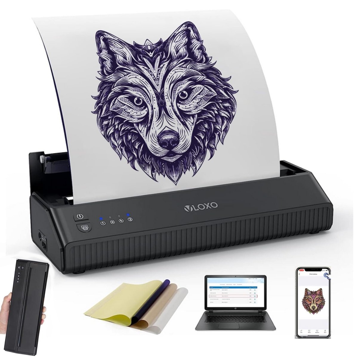 VLOXO Wireless Tattoo Stencil Printer - Portable Bluetooth Thermal Transfer Copier with 10 Transfer Papers - Tattoo Unleashed