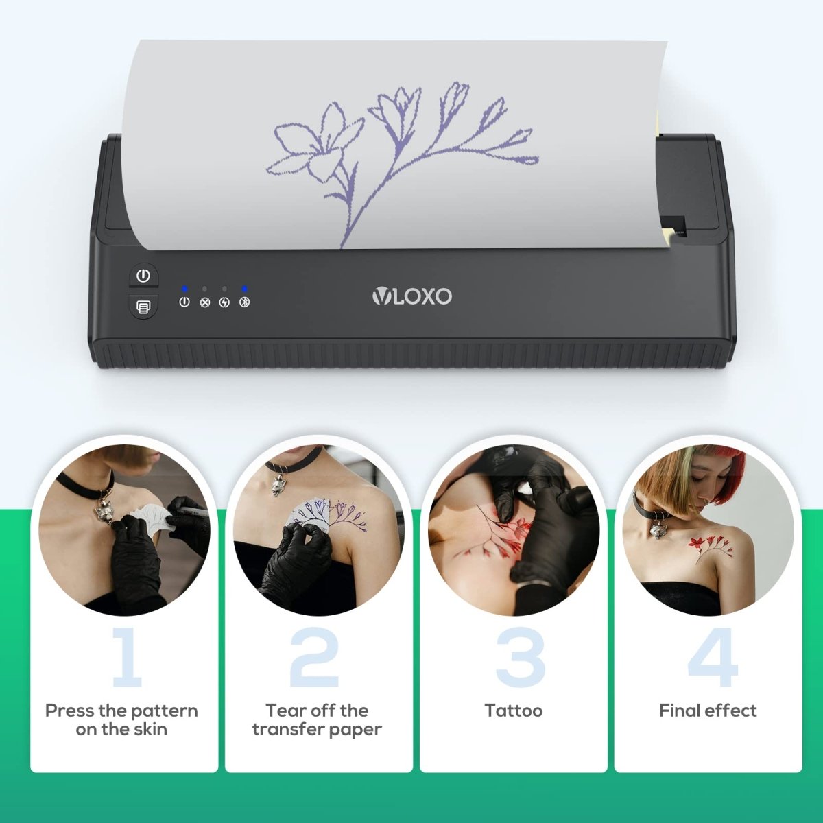 VLOXO Wireless Tattoo Stencil Printer - Portable Bluetooth Thermal Transfer Copier with 10 Transfer Papers - Tattoo Unleashed