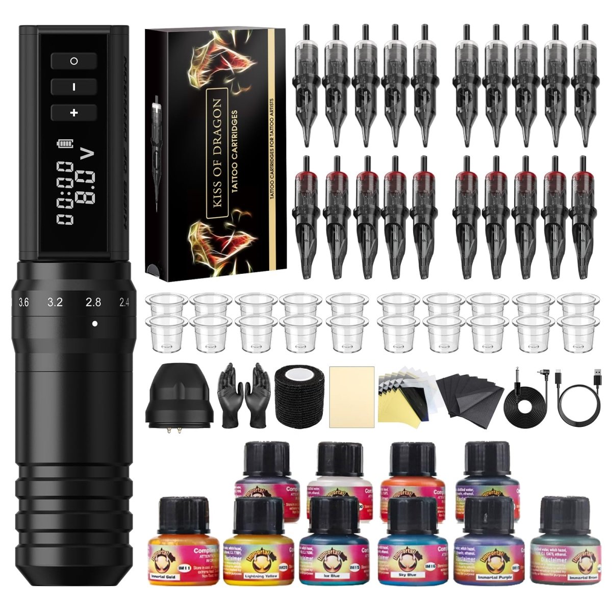 Wireless Tattoo Gun Machine Kit By Kiss of Dragon with 6 stroke length & 2400mAh Battery - Tattoo Unleashed