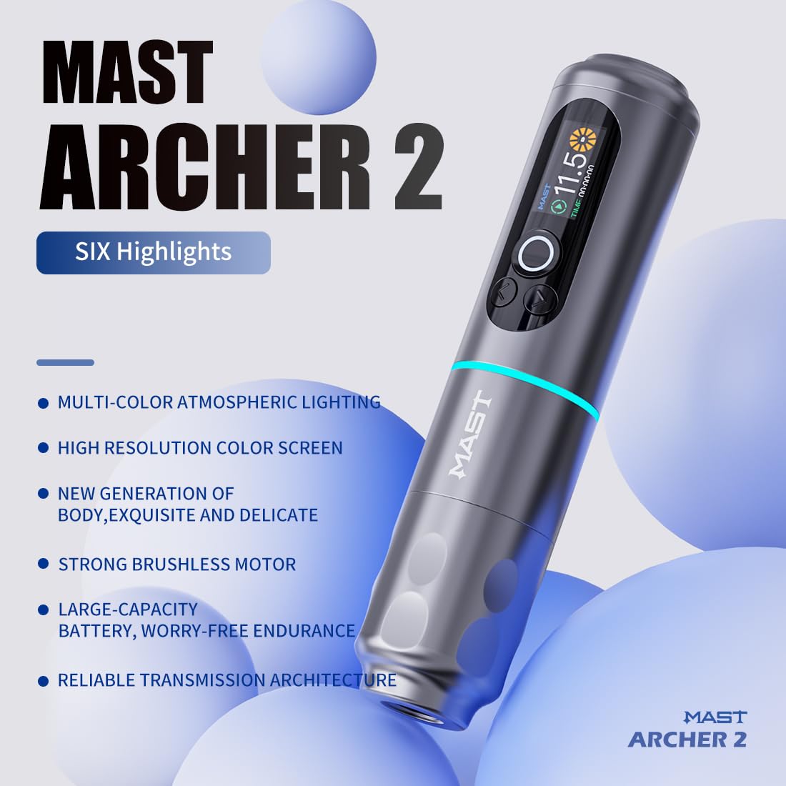 Mast Archer2 Wireless Tattoo Pen Machine, 3.5mm Stroke - Grey